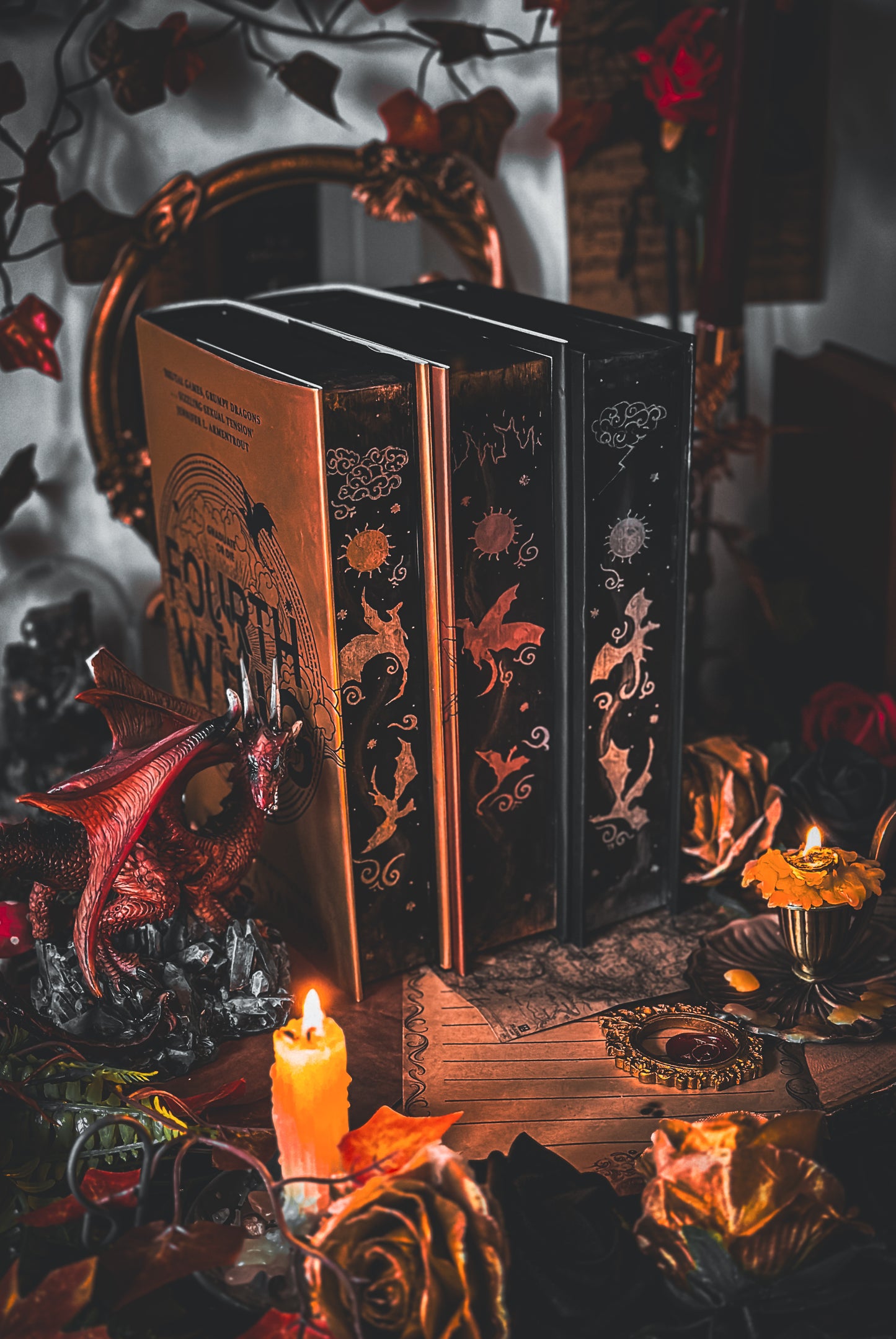 The Empyrean Series (UK) set hand-painted BOOK EDGES - Fourth Wing, Iron Flame, Onyx Storm - Special Edition Books (With Vinyl Foils)