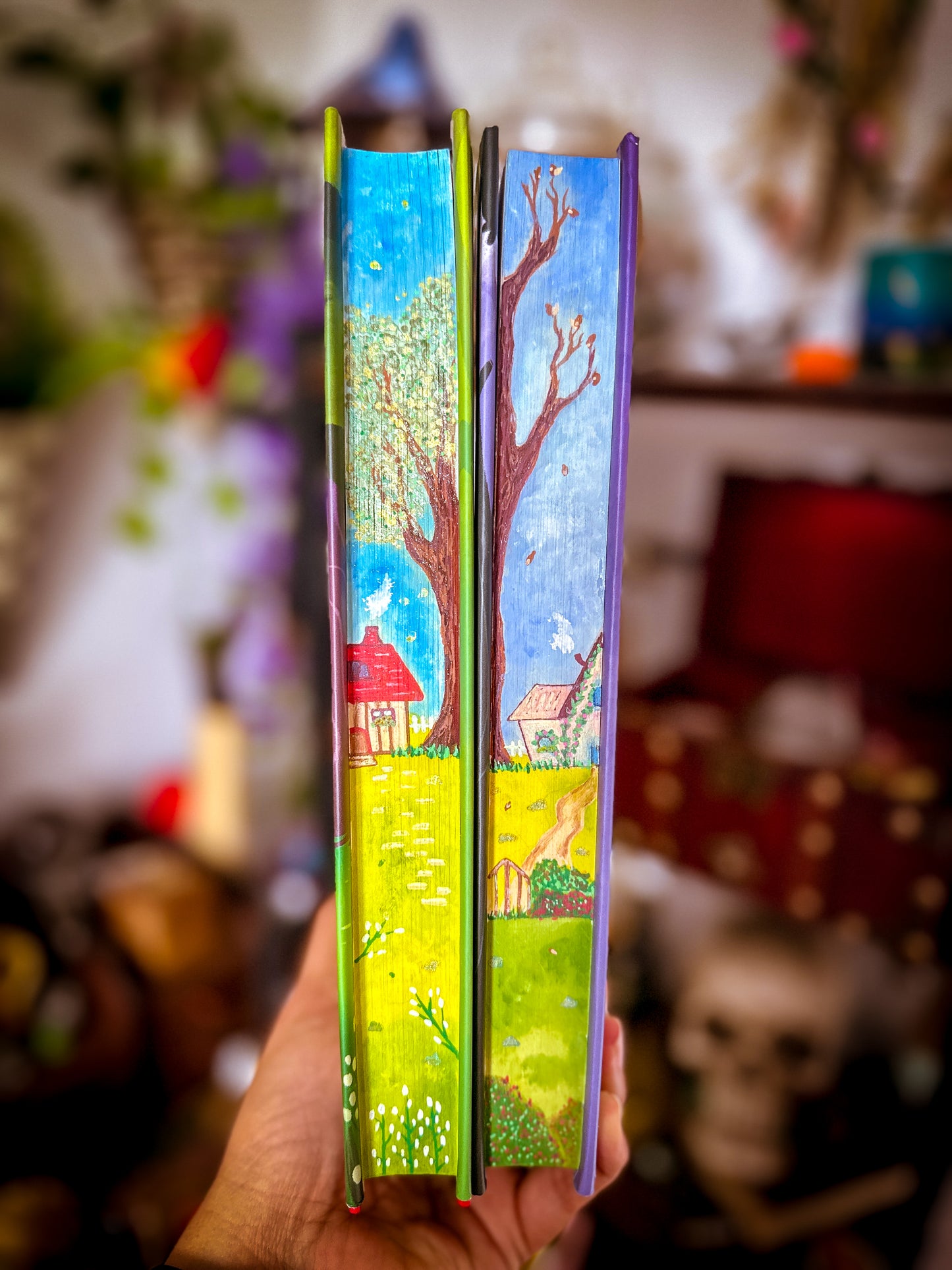 The Very Secret Society of Irregular Witches & A Witch's Guide to Magical Inkeeping hand-painted book edges - books by Sangu Mandana