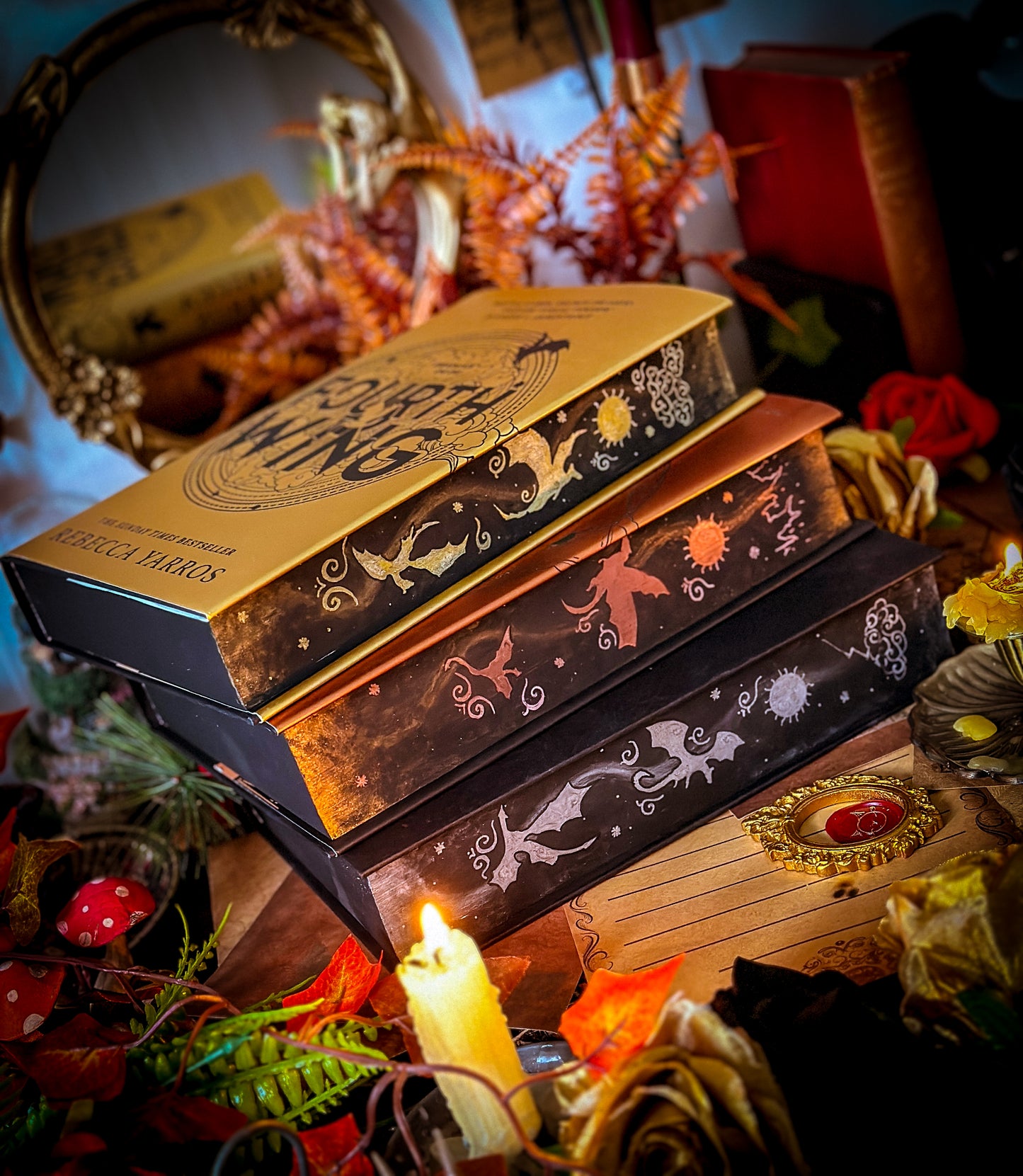 The Empyrean Series (UK) set hand-painted BOOK EDGES - Fourth Wing, Iron Flame, Onyx Storm - Special Edition Books (With Vinyl Foils)